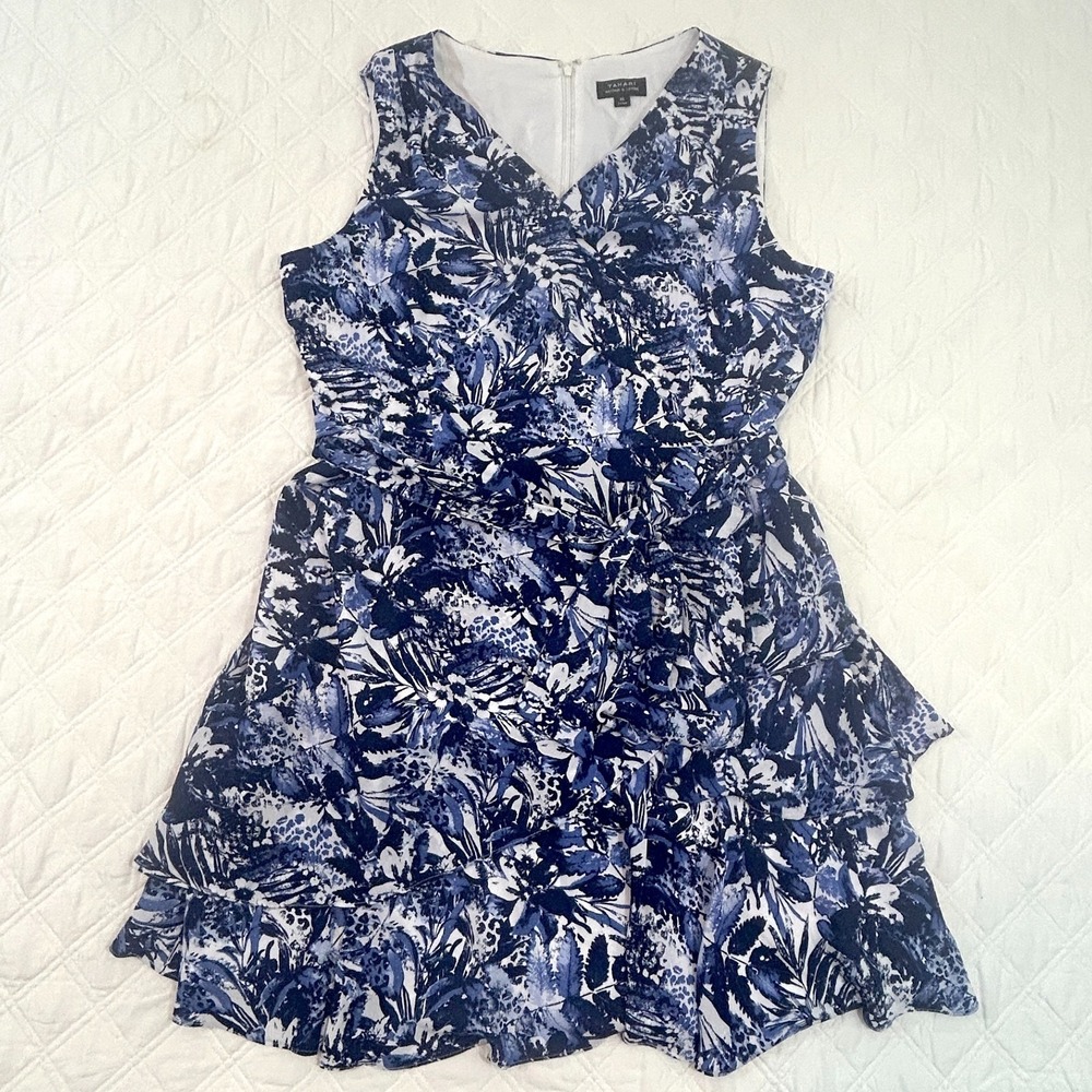 Tahari Arthur S. Levine Floral Print Faux Wrap Ruffle Dress Size 14 Blue Black